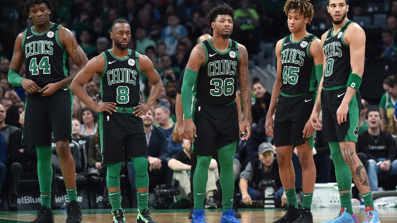 Boston Celtics center Robert Williams (44), guard Kemba Walker (8), guard Marcus Smart (36), guard Romeo Langford (45) and forward Jayson Tatum (0)