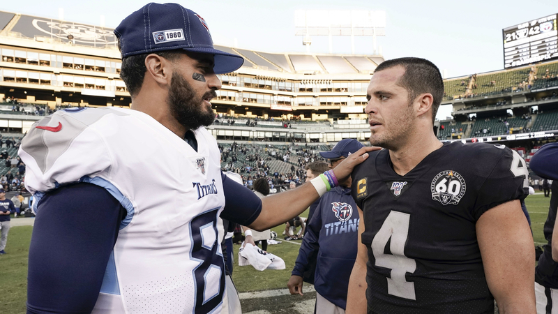 Las Vegas Raiders quarterbacks Marcus Mariota and Derek Carr