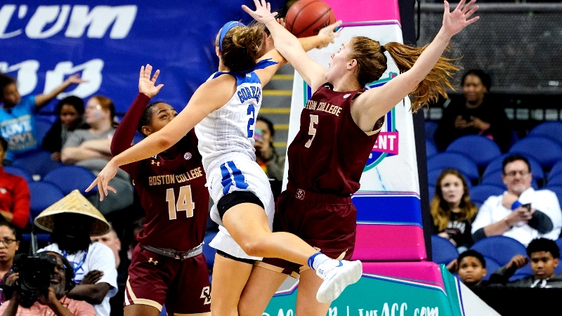 Boston College Eagles forward Georgia Pineau (5) and Duke Blue Devils guard Haley Gorecki (2)