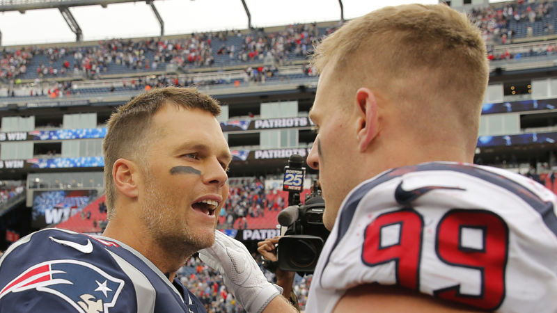 Tampa Bay Buccaneers quarterback Tom Brady and Houston Texans defensive end J.J. Watt