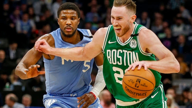Boston Celtics forward Gordon Hayward (20) and Minnesota Timberwolves forward Malik Beasley (5)