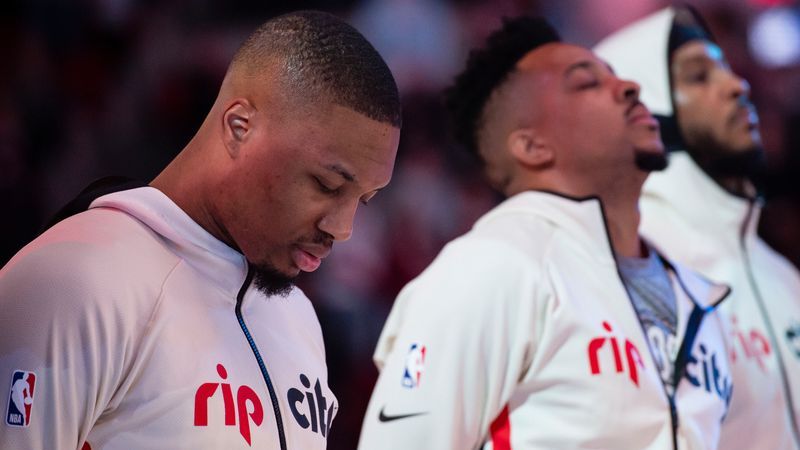 Portland Trail Blazers guard Damian Lillard, guard CJ McCollum and forward Carmelo Anthony