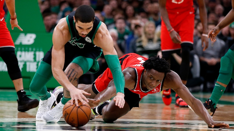 Toronto Raptors forward OG Anunoby (3) and Boston Celtics forward Jayson Tatum (0)