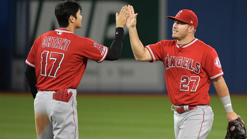 Los Angeles Angels center fielder Mike Trout (27) and designated hitter Shohei Ohtani (17)