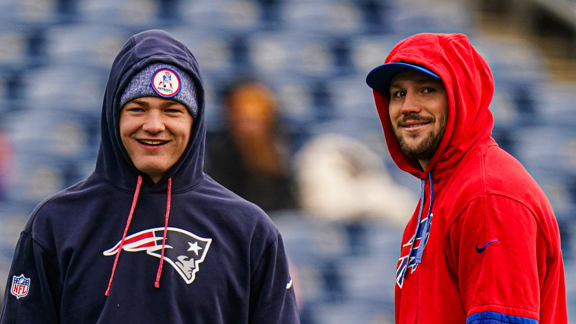 New England Patriots quarterback Drake Maye, Buffalo Bills quarterback Josh Allen