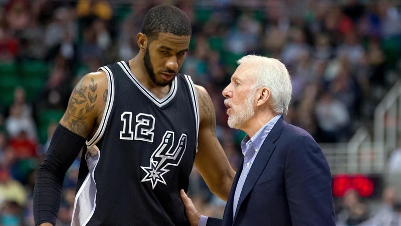 San Antonio Spurs forward LaMarcus Aldridge and coach Gregg Popovich