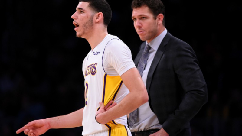 Los Angeles Lakers guard Lonzo Ball and head coach Luke Walton