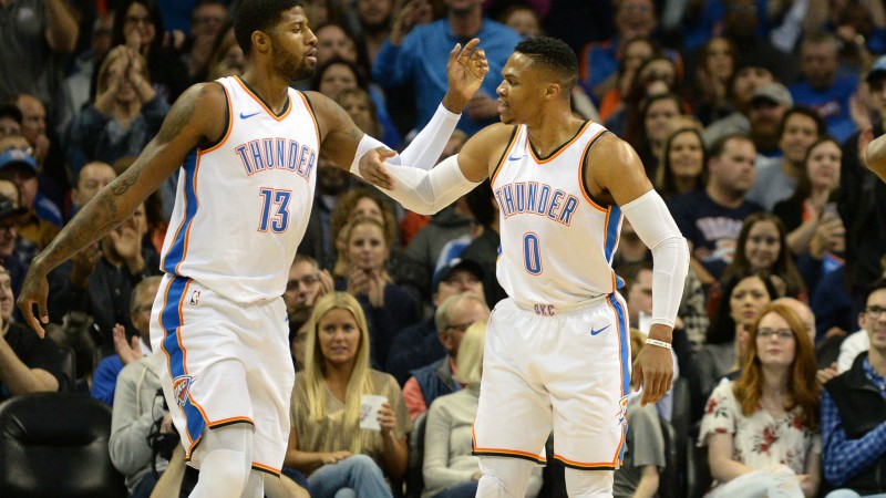 Oklahoma City Thunder forward Paul George and guard Russell Westbrook