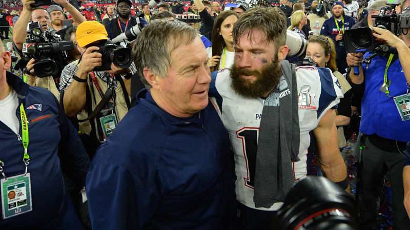 New England Patriots head coach Bill Belichick and wide receiver Julian Edelman