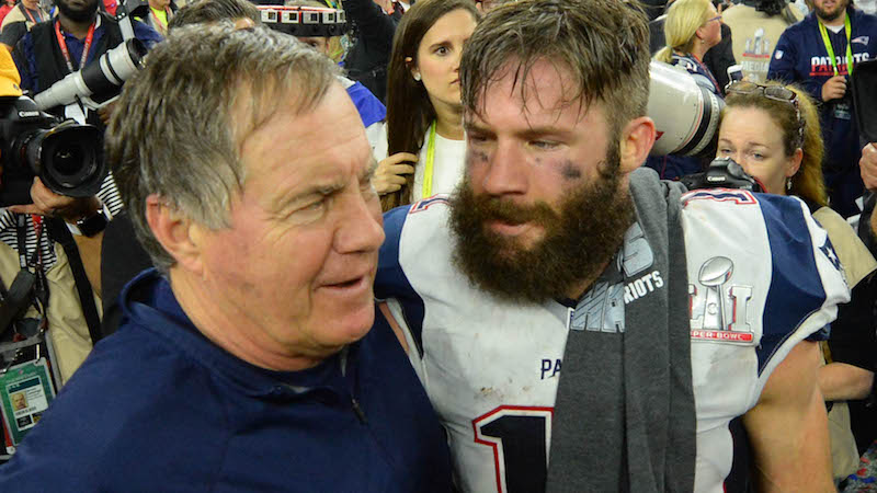Patirots head coach Bill Belichick, wide receiver Julian Edelman