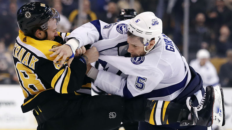 Boston Bruins winger Davis Pastrnak and Tampa Bay Lightning defenseman Dan Giardi