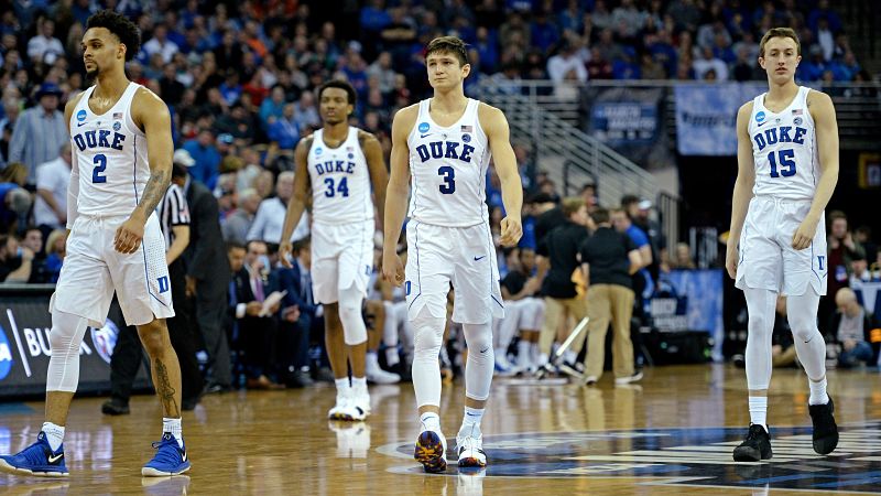 Duke Blue Devils guard Grayson Allen, Alex O'Connell, Gary Trent Jr. and forward Wendell Carter Jr.