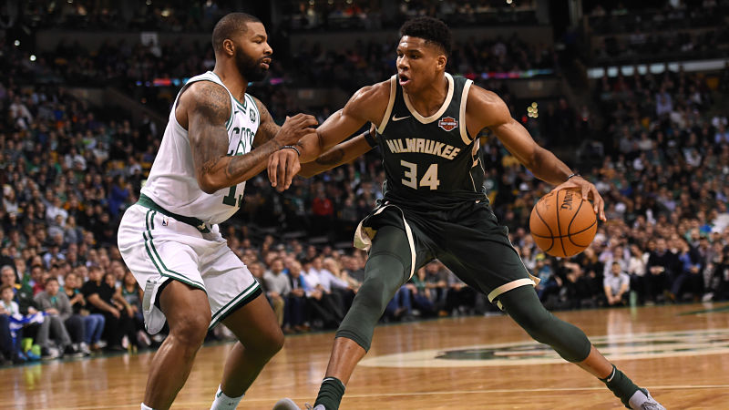 Boston Celtics forward Marcus Morris and Milwaukee Bucks forward Giannis Antetokounmpo