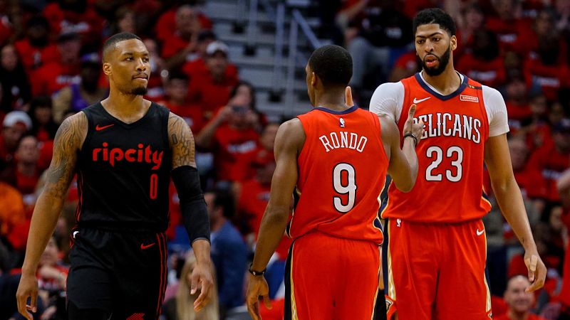 Portland Trail Blazers guard Damian Lillard, New Orleans Pelicans guard Rajon Rondo and forward Anthony Davis