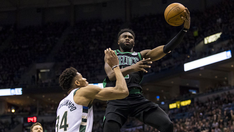 Milwaukee Bucks forward Giannis Antetokounmpo and Boston Celtics forward Jaylen Brown