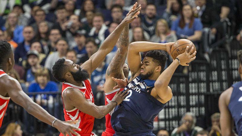 Houston Rockets guard James Harden and Minnesota Timberwolves forward Karl-Anthony Towns