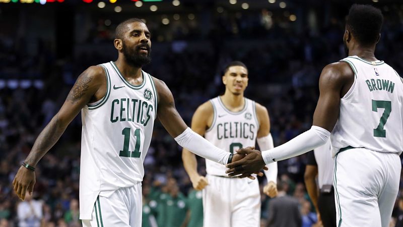 Boston Celtics guards Kyrie Irving and Jaylen Brown