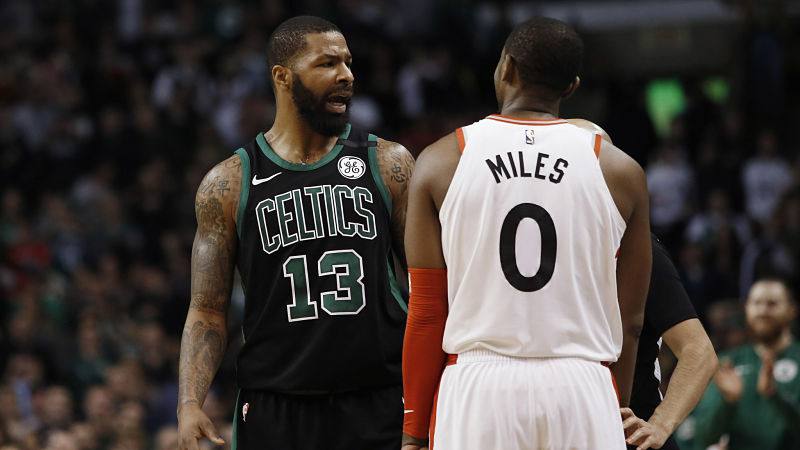 Boston Celtics forward Marcus Morris and Toronto Raptors forward CJ Miles