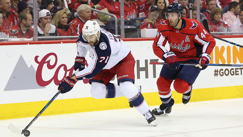 Columbus Blue Jackets forward Nick Foligno and Washington Capitals defenseman Brooks Orpik