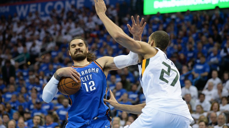 Oklahoma City Thunder center Steven Adams and Utah Jazz center Rudy Gobert