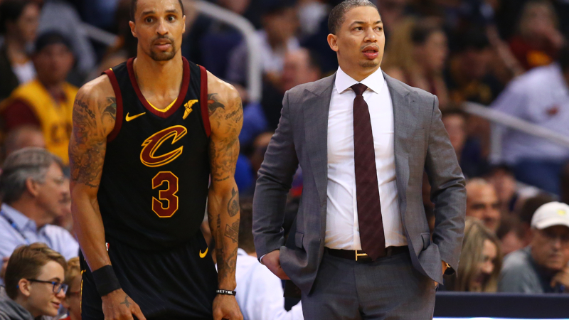 Cleveland Cavaliers head coach Tyronn Lue and guard George Hill