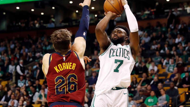 Boston Celtics guard Jaylen Brown and Cleveland Cavaliers guard Kyle Korver