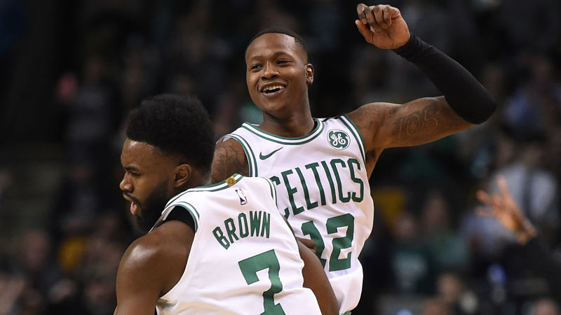 Boston Celtics guards Terry Rozier and Jaylen Brown