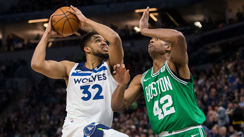 Minnesota Timberwolves forward Karl-Anthony Towns and Boston Celtics forward Al Horford