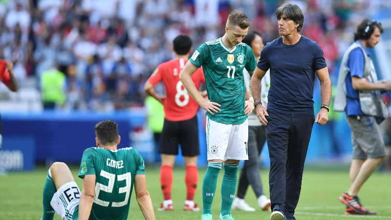 Germany head coach Joachim Loew and players Mario Gomez (23) and Marco Reus (11)