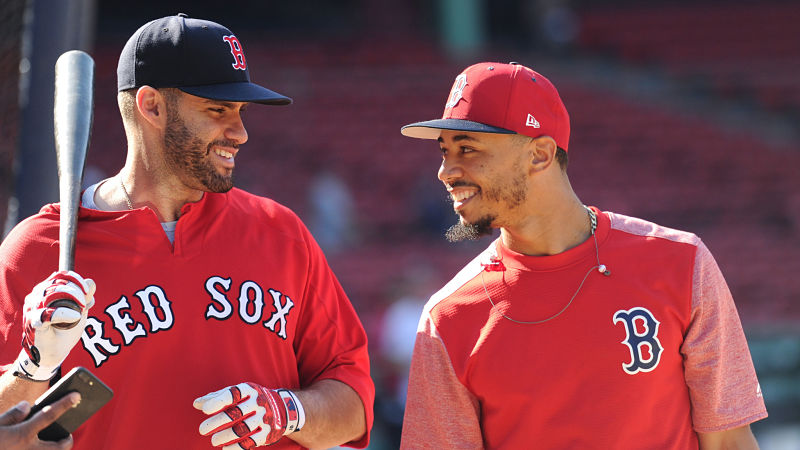 Boston Red Sox outfielders J.D. Martinez and Mookie Betts