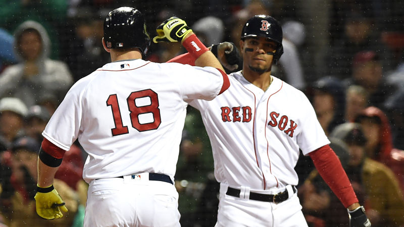 Boston Red Sox first baseman Mitch Moreland and shortstop Xander Bogaerts