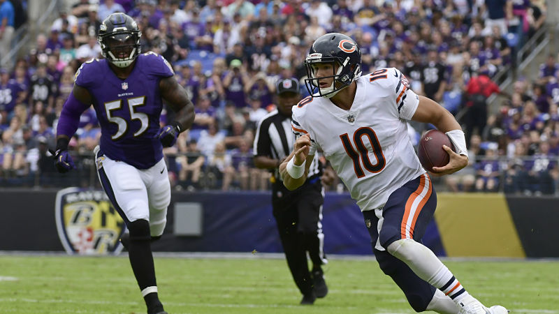 Baltimore Ravens linebacker Terrell Suggs and Chicago Bears quarterback Mitchell Trubisky
