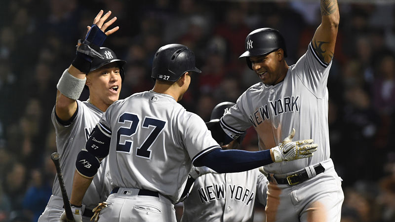 New York Yankees outfielders Giancarlo Stanton, Aaron Judge and Aaron Hicks