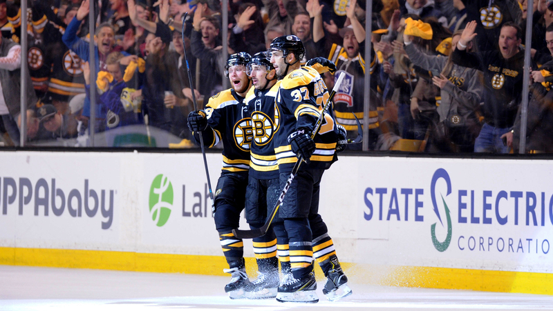 Boston Bruins First Line David Pastrnak, Brad Marchand And Patrice Bergeron