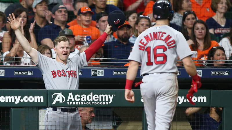 Boston Red Sox infielder Brock Holt and outfielder Andrew Benintendi