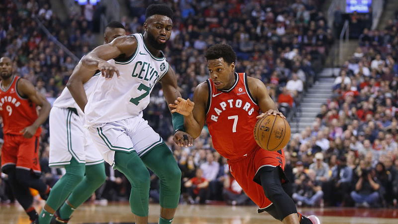 Boston Celtics guard Jaylen Brown and Toronto Raptors guard Kyle Lowry
