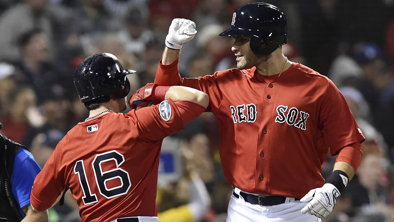 Boston Red Sox outfielders J.D. Martinez and Andrew Benintendi