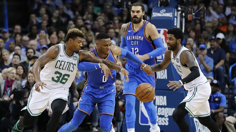 Oklahoma City Thunder guard Russell Westbrook and Boston Celtics guards Kyrie Irving and Marcus Smart