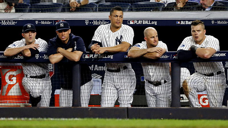 New York Yankees outfielders Giancarlo Stanton and Brett Gardner, first baseman Luke Voit and pitcher David Robertson