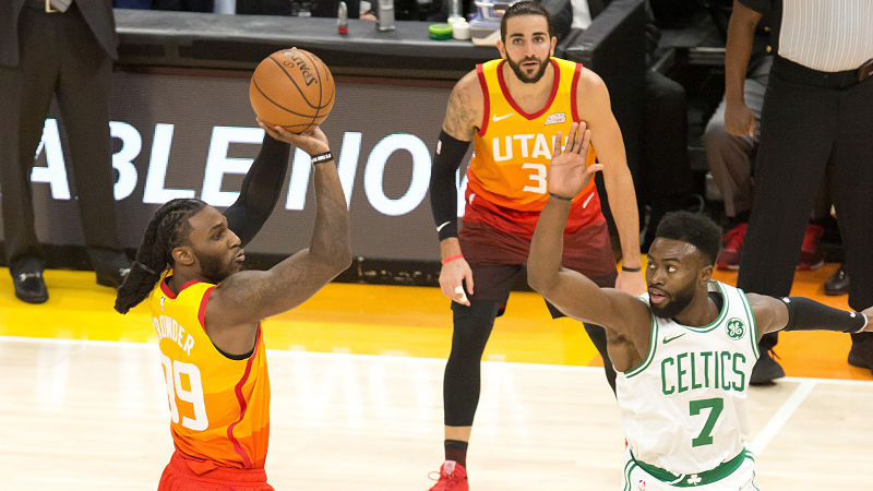 Utah Jazz forward Jae Crowder and Boston Celtics forward Jaylen Brown