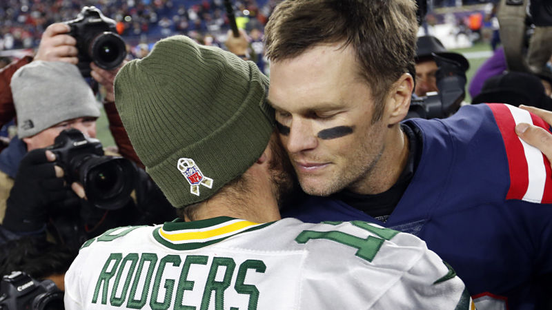 New England Patriots quarterback Tom Brady and Green Bay Packers quarterback Aaron Rodgers
