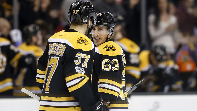 Boston Bruins forwards Patrice Bergeron and Brad Marchand