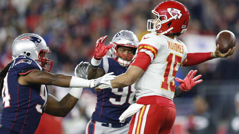 Patriots defensive ends Adrian Clayborn, Trey Flowers, Chiefs quarterback Patrick Mahomes