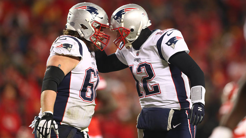 New England Patriots center David Andrews and quarterback Tom Brady