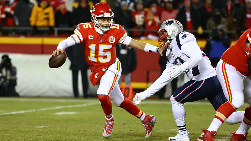 Kansas City Chiefs quarterback Patrick Mahomes and New England Patriots linebacker Kyle Van Noy