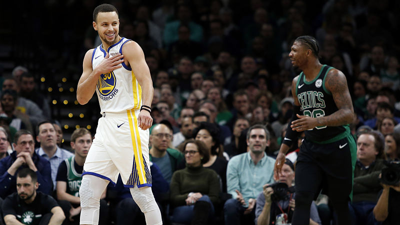 Golden State Warriors guard Stephen Curry and Boston Celtics guard Marcus Smart