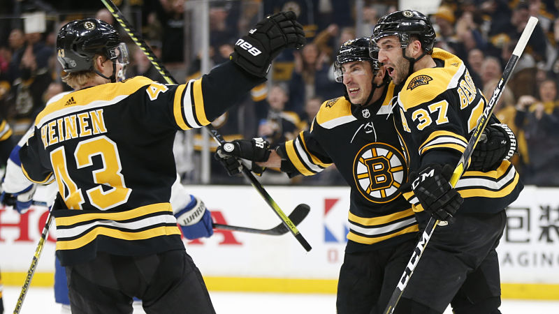 Boston Bruins forwards Brad Marchand and Patrice Bergeron