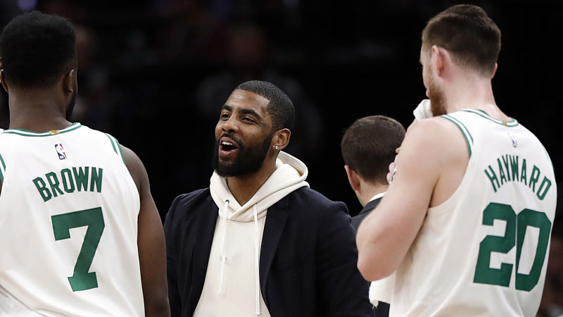 Boston Celtics guards Jaylen Brown and Kyrie Irving and forward Gordon Hayward