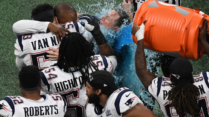 New England Patriots head coach Bill Belichick and players