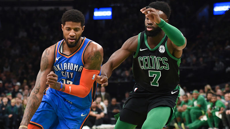 Boston Celtics forward Jaylen Brown and Oklahoma City Thunder forward Paul George